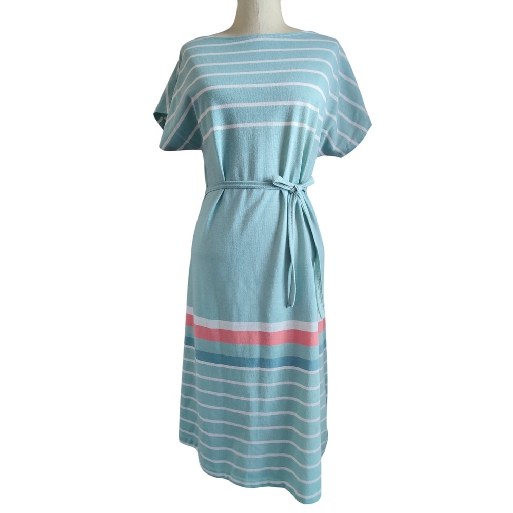 Vintage 70s Knit Day Dress Striped Blue White Boatneck Belt Shift Midi Retro M
